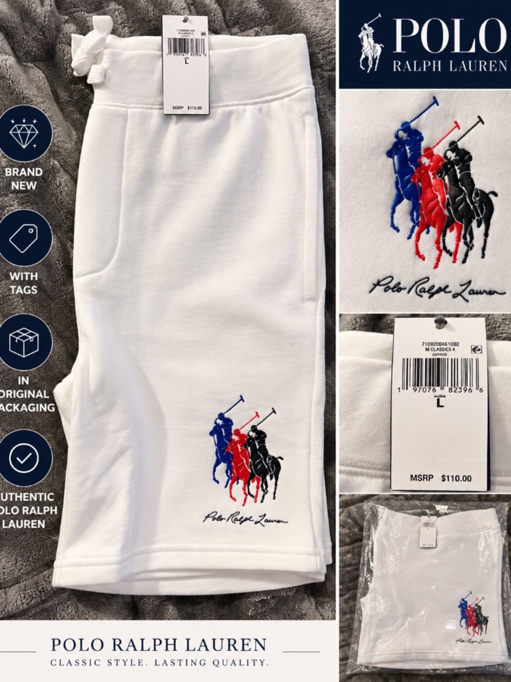 NWT Polo Ralph Lauren White Logo Shorts Men’s Large MSRP $110